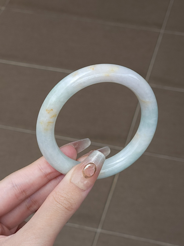 Size 56.1 White Milky Base with Light Pastel Mint & Amber Floral Round Bar Jade Bangle