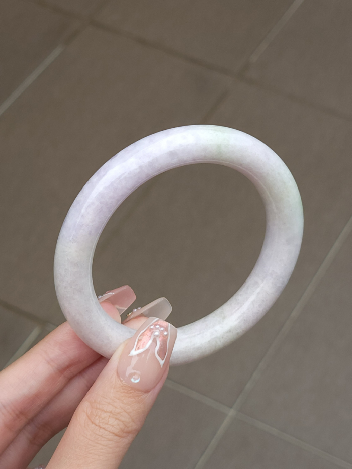 Size 56.2 White Milky Base with Light Pastel Mint & Lavender Patch Round Bar Jade Bangle