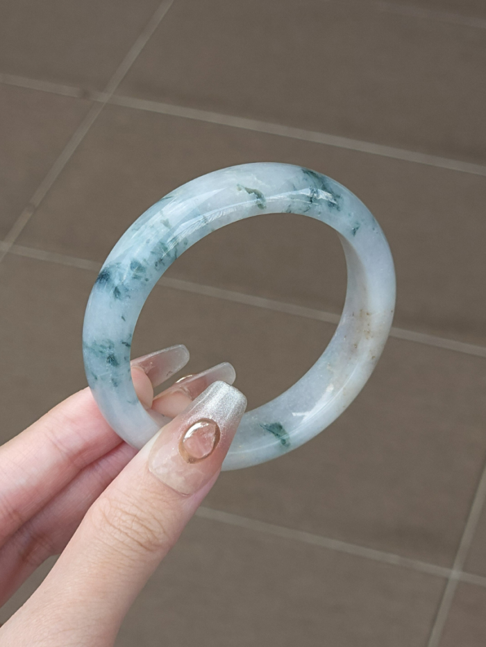 Size 55.8 White Milky Base with Dark Bluish Green Floral Jade Bangle