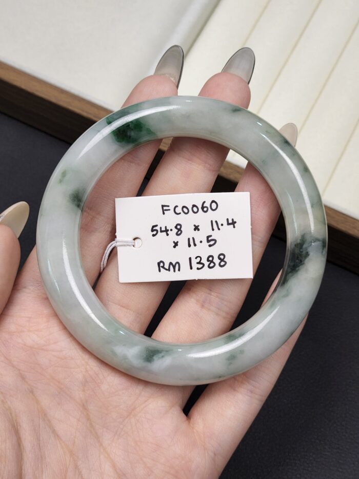 Size 54.8 White Milky with Imperial Green & Black Floral Burmese Jade Bangle (FC0060)