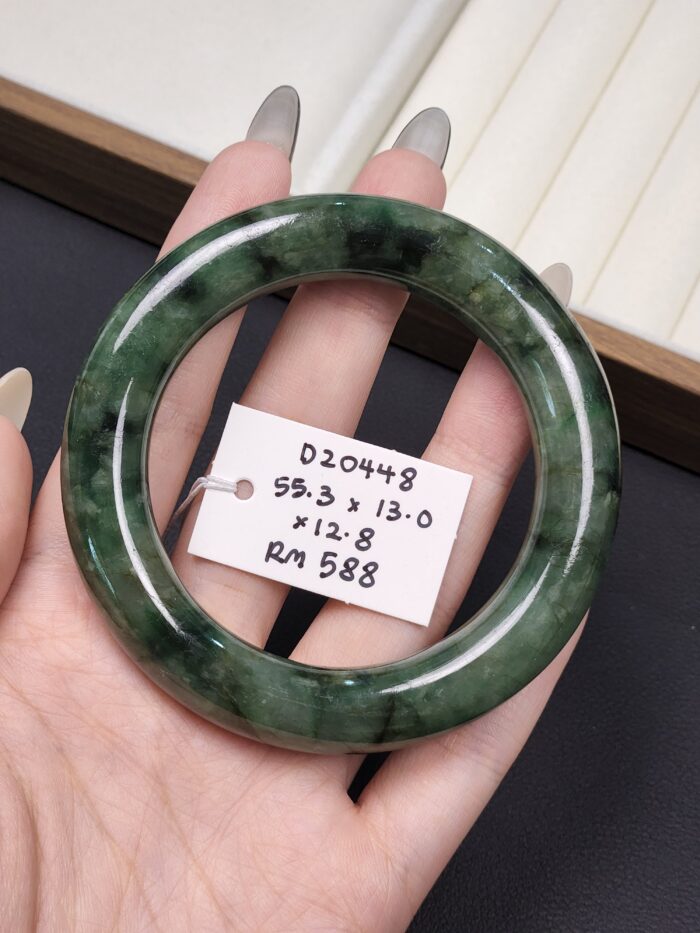 Size 55.3 Dark Forest Green with Black Floral (Mix Mineral) Burmese Jade Bangle (DZ0448)